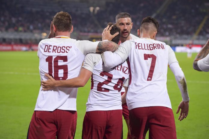Alessandro Florenzi abbracciato dai compagni, Milan-Roma 2017-2018